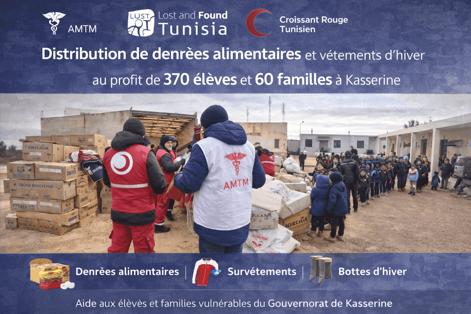 Distribution de denrées alimentaires et vêtements d’hiver au profit de 370 élèves et 60 familles à Kasserine
