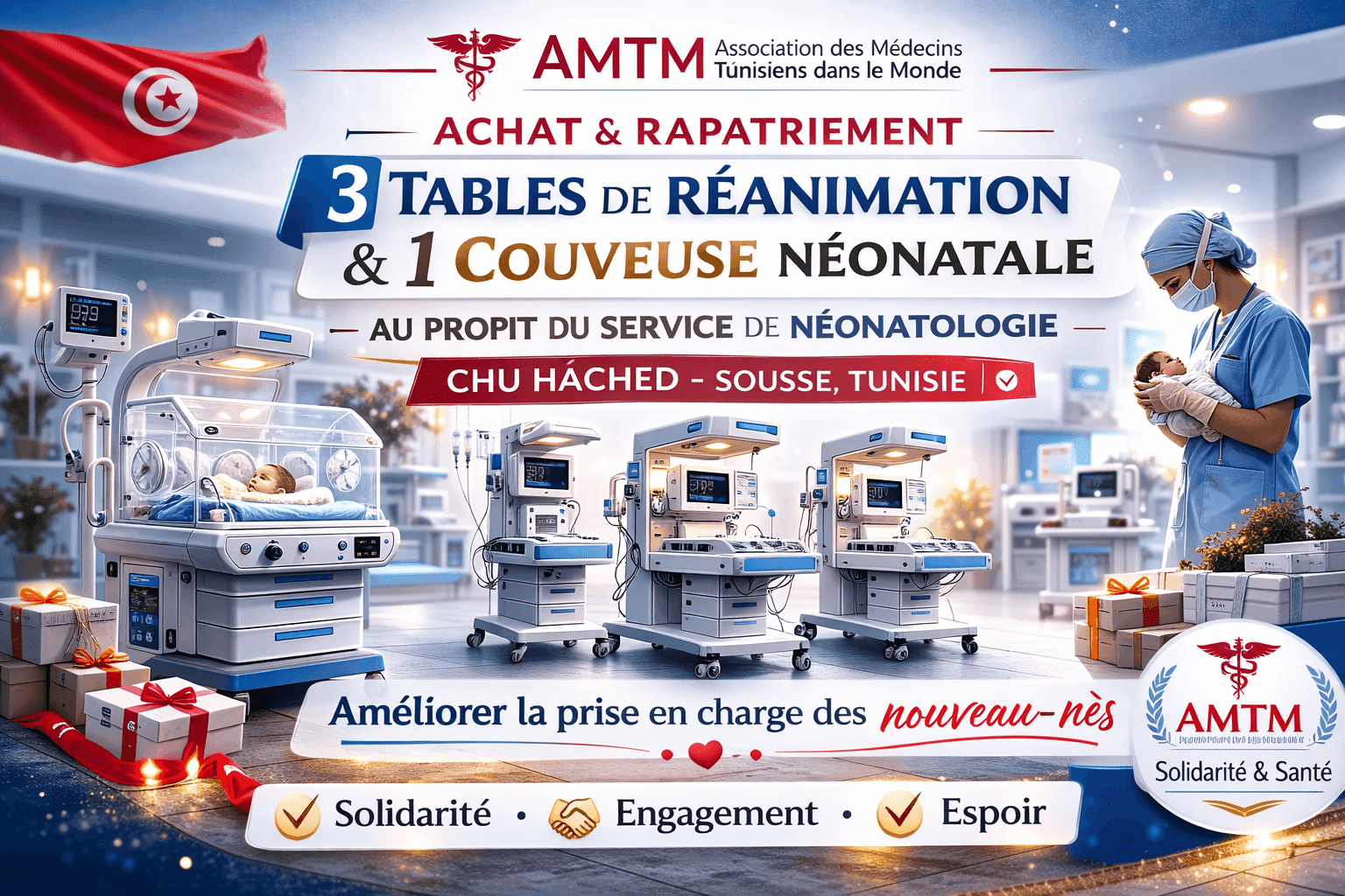 Achat et rapatriement de 3 tables de réanimation et 1 couveuse néonatale – Hôpital du CHU Hached